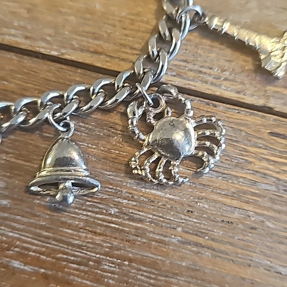 Chunky Charm Bracelet, Vintage Nautical Ocean Vacation Theme, Silvertone